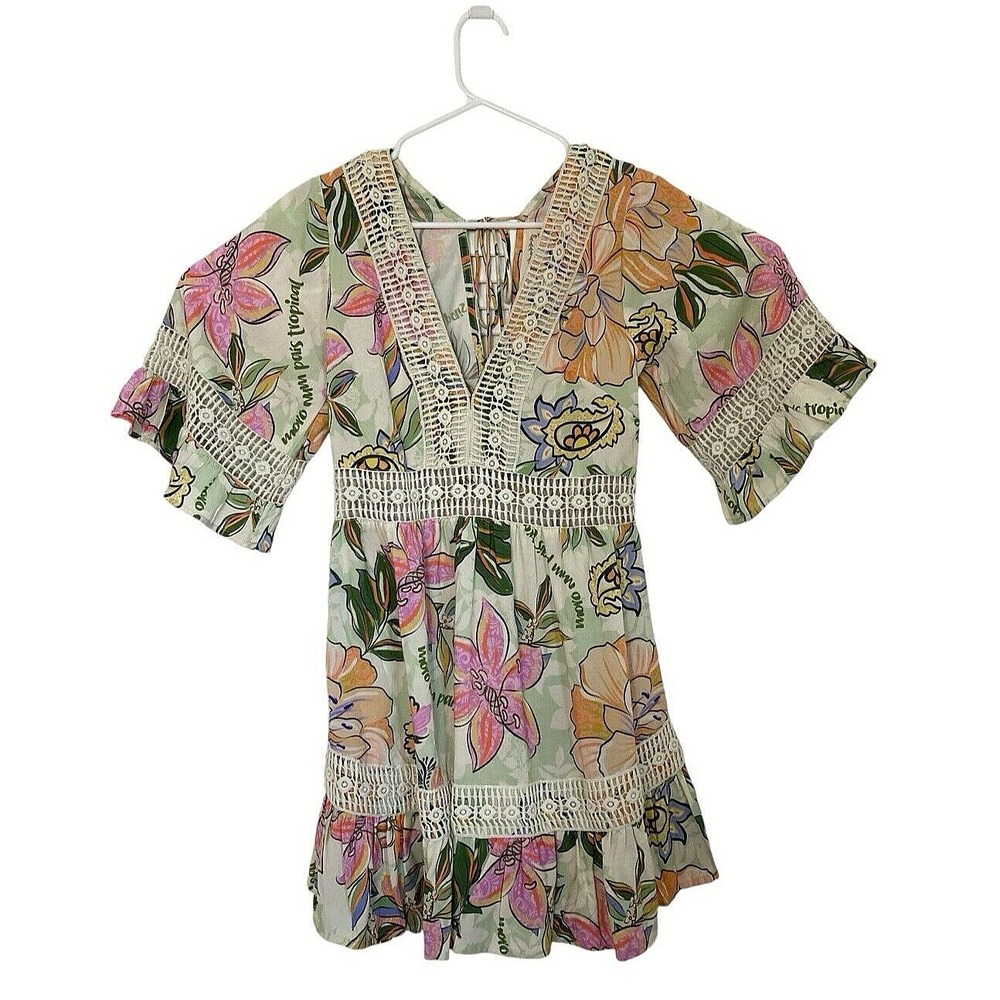 Z‎ & L Dress Medium Floral Crochet Trim Back Tie with Tassels Bohemian Crochet